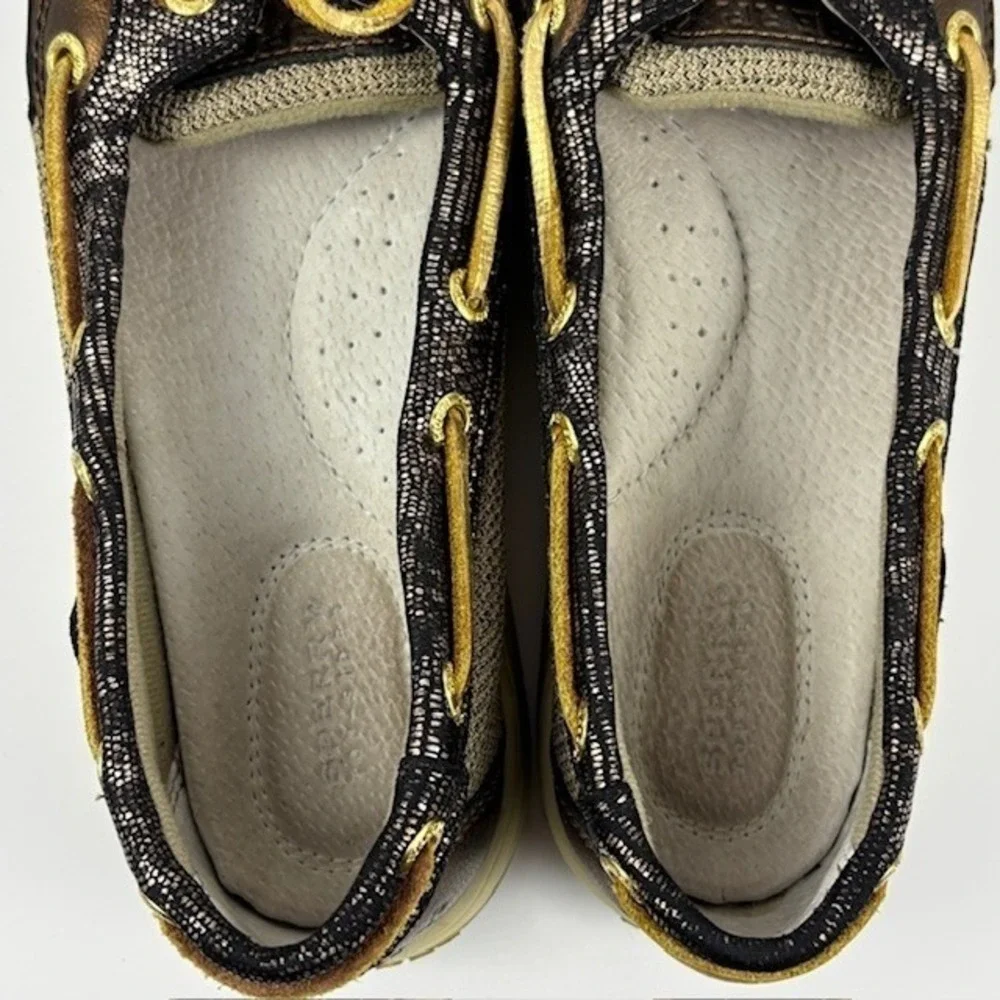 Sperry‎ Top-Sider Womens Angelfish Black Tweed Gold Leather Boat Shoe Nautical 6